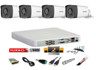 Sistem supraveghere video profesional exterior 4 camere 2MP Hikvision Turbo HD  40m IR  full accesorii  accesorii, internet