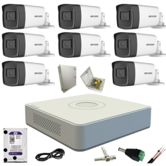 Sistem supraveghere video 8 camere exterior Turbo HD 5MP IR80m Hikvision cu toate accesoriile incluse,  HDD 2TB