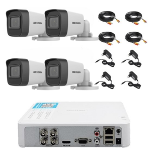 Kit supraveghere video 4 camere Hikvision exterior 20m IR, accesorii incluse