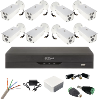 Sistem complet de supraveghere 8 camere exterior Dahua 2MP IR 80m, DVR 8 canale, accesorii montaj