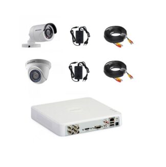Sisteme supraveghere Analog - Sistem camere supraveghere video mixt complet 2 camere Hikvision full hd cu IR 20 m plug and play, DVR 4 canale, accesorii