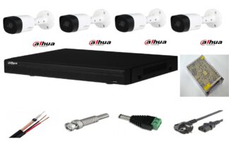 Sistem supraveghere video exterior 4 camere Dahua 2MP IR 20m, DVR Dahua, accesorii incluse