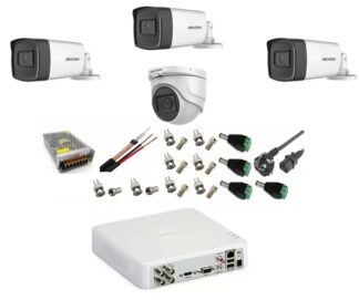 Sistem supraveghere video profesional Hikvision 4 camere 5MP 3 exterior Turbo HD IR 40M 1 interior IR 20m DVR TurboHD 4 canale cu full accesorii