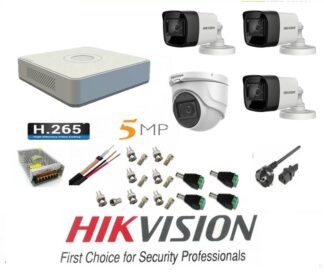 Sistem supraveghere video Hikvision 4 camere 5MP 3 exterior Turbo HD IR 80M 1 interior IR 20m DVR 4 canale cu full accesorii