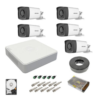 Sistem supraveghere complet 5 camere Hikvision Turbo Hd, 2MP, 1080P, IR la 40 metri, DVR Hikvision 8 canale, accesorii