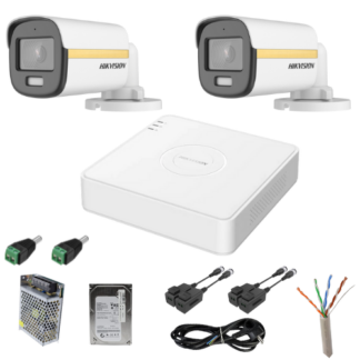 Sistem supraveghere Hikvision 2 camere analog 2MP ColorVu Microfon DVR 4 canale, accesorii