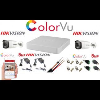 Sistem supraveghere profesional Hikvision Color Vu 2 camere 5MP IR40m DVR 4 canale full accesorii