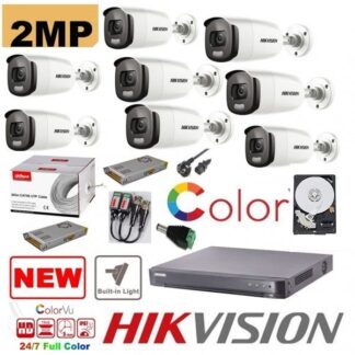 Kit supraveghere 8 camere profesional Hikvision  2mp Color Vu cu IR 40m (color noapte ) , accesorii incluse, HDD 2TB