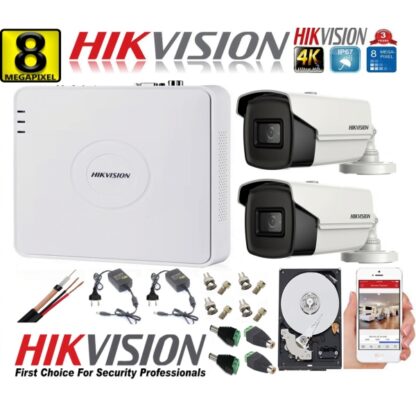 Kit supraveghere ultraprofesional Hikvision 2 camere 8MP 4K IR 80M DVR 4 canale accesorii incluse si HDD [1]