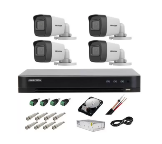 Kit complet supraveghere 5 MP lite Hikvision Turbo HD cu 4 camere Bullet IR 20m,alimentatori, cabluri, mufe, HDD 1 Tb, vizualizare pe internet