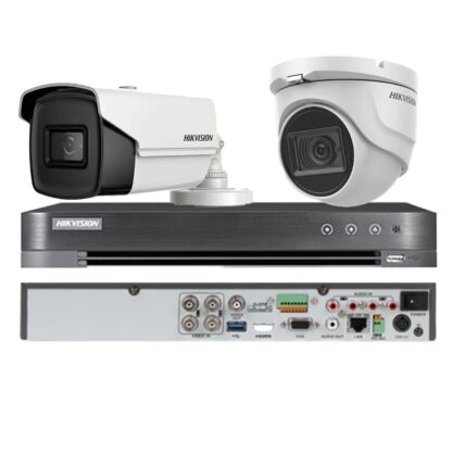 Sistem supraveghere mixt Hikvision 2 camere, 1 dome 8MP 4 in 1, IR 30m, 1 bullet 4 in 1 8MP, 3.6mm, IR 80m, DVR 4 canale 4K 8MP [1]