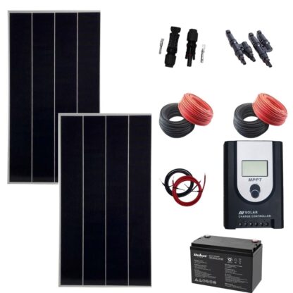 Sistem OFF GRID 340w cu 2 panouri fotovoltaice 170W, acumulator 12V 100AH REBEL, Controler, Cablu de conexiune, set conectori MC4-T, cablu solar 4mm, set conectori MC4 pntru panouri solare [1]