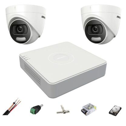 Sistem supraveghere 2 camere Hikvision 5MP 2.8mm ColorVU, lumina alba 20m, DVR 4 canale, accesorii, hard disk 500GB [1]