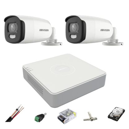 Sistem de supraveghere 2 camere ColorVU Hikvision 5MP, lumina alba 40m, 2.8mm, DVR 4 canale, Accesorii montaj, hard disk 1TB [1]