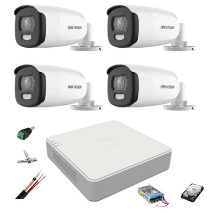 Sistem de supraveghere 4 camere ColorVU Hikvision 5MP, lumina alba 40m, 2.8mm, DVR 4 canale, Accesorii montaj, hard disk 1TB [1]