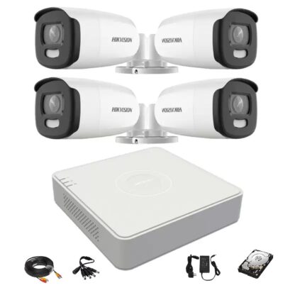 Sistem supraveghere video Hikvision 4 camere exterior ColorVu 5MP, lumina alba 40m, DVR 4 canale Hikvision, accesorii, hard disk [1]