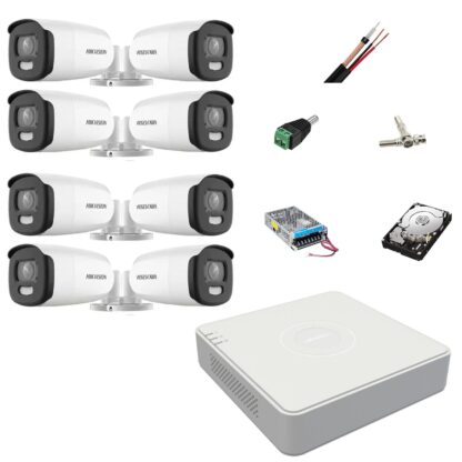 Sistem de supraveghere 8 camere exterior Hikvision ColorVu 5MP, lumina alba 40m, DVR 8 canale Hikvision, accesorii, hard disk [1]