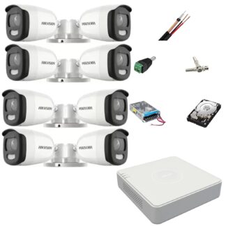 Sistem supraveghere video 8 camere Hikvision ColorVU 5MP, 2.8mm, lumina alba 20m, DVR 8 canale, accesorii montaj, hard disk