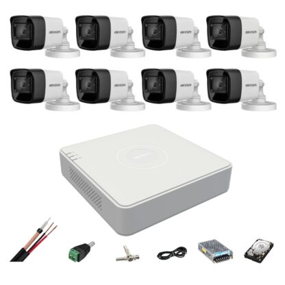 Sistem de supraveghere 8 camere Hikvision 4 in 1 8MP, 3.6mm, IR 80m, DVR 8 canale, accesorii de montaj, Hard Disk [1]