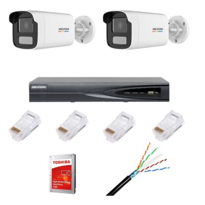 Sistem de supraveghere IP cu 2 camere ColorVu, 4MP, lentilă 4mm, lumină albă 50m, NVR cu 4 canale IP 4K, accesorii, HIKVISION [1]