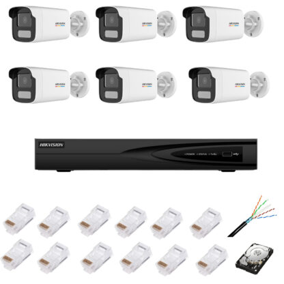 Sistem de supraveghere IP cu 6 camere ColorVu, 4MP, lentilă 4mm, lumină albă 50m, NVR cu 8 canale IP 4K, accesorii, HIKVISION [1]