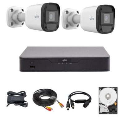 Sistem de supraveghere Uniview cu 2 camere 5 Megapixeli, Infrarosu 20M, DVR Hibrid cu 4 canale 5MP, HDD, accesorii [1]