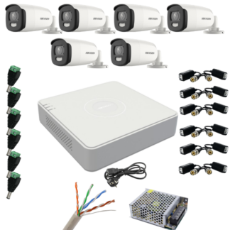 Sistem supraveghere Hikvision 6 camere 5MP ColorVu, Color noaptea 40m, DVR cu 8 canale 8MP, accesorii incluse