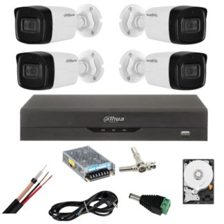 Sistem de supraveghere Dahua cu 4 camere 5 Megapixeli, Infrarosu 80m, Microfon, DVR 4 canale 5 Megapixeli, Hard 1TB, Accesorii