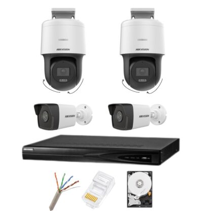 Sistem de supraveghere IP POE Hikvision cu 4 camere, 2 Camere Rotative 4MP cu lumină albă 30m, 2 camere bullet de 4 Megapixeli, Infraroșu 30m, Lentilă 2.8mm,  NVR IP POE cu 4 canale, Accesorii [1]