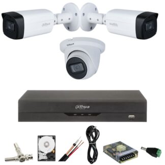 Sistem de supraveghere Dahua cu 3 camere 5 MP, 2 exterior IR 80m, 1 interior,IR 30M, Starlight, DVR Dahua 4 canale, 5 MP, Hard, Accesorii incluse