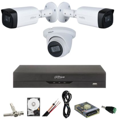 Sistem de supraveghere Dahua cu 3 camere 5 MP, 2 exterior IR 80m, 1 interior,IR 30M, Starlight, DVR Dahua 4 canale, 5 MP, Hard, Accesorii incluse [1]