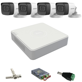 Sistem de supraveghere Hikvision cu 4 camere de 2 Megapixeli, lentila 2.8mm, Infraroșu 30m, Microfon, DVR cu 4 canale 4MP Lite, Accesorii incluse