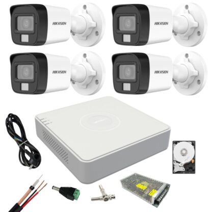 Kit supraveghere Hikvision 4 camere Dual Light, 2MP Lumina alba 20m IR 30m DVR 4 canale 4 MP lite Hard 500, accesorii [1]