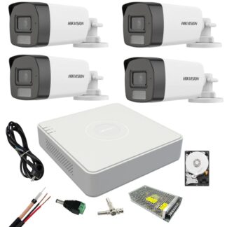 Sistem supraveghere Hikvision 4 camere Dual Light 5 MP cu microfon Lumina alba 40 m IR  DVR 4 canale 4 MP lite, Accesorii si hdd inclus