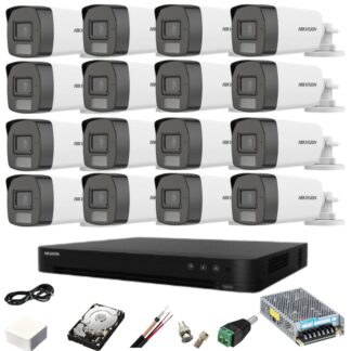 Sistem supraveghere 16 camere Hikvision 5MP Dual Light IR 40m WL 40m DVR 8MP cu accesorii HDD 4TB