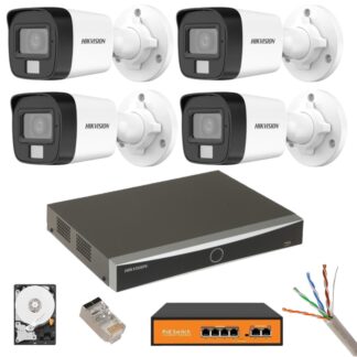 Sisteme supraveghere IP - Kit supraveghere Hikvision 4 camere IP 8MP Dual Light IR 30m Lumină albă 30m Microfon NVR 12MP 4 canale HDD Accesorii incluse
