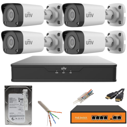 Sistem supraveghere UNV 4 camere IP 5MP IR 30M PoE NVR 4 canale cu accesorii HDD 500GB incluse [1]