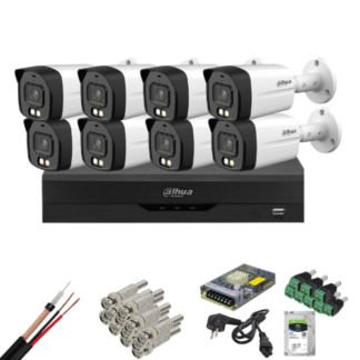 Sistem supraveghere complet 8 camere Dahua 8MP Smart Dual Light 40m microfon, DVR 8 canale, HDD si accesorii instalare incluse