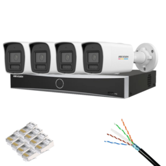 Kit supraveghere Hikvision 4 camere IP 6MP IR/Lumina Alba 30m PoE ColorVu, NVR 8 Canale 12MP PoE, Cablu CAT6 FTP Rola 100m si Mufe RJ-45