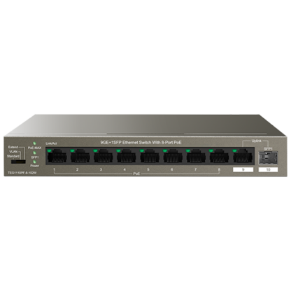 Switch 8 porturi Gigabit PoE, 1 port Uplink Gigabit, 1 port SFP Uplink Gigabit - Tenda TND-TEG1110PF-8-102W [1]